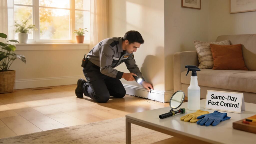 Pest control technician inspecting a home interior, emphasizing trust and urgency in pest management