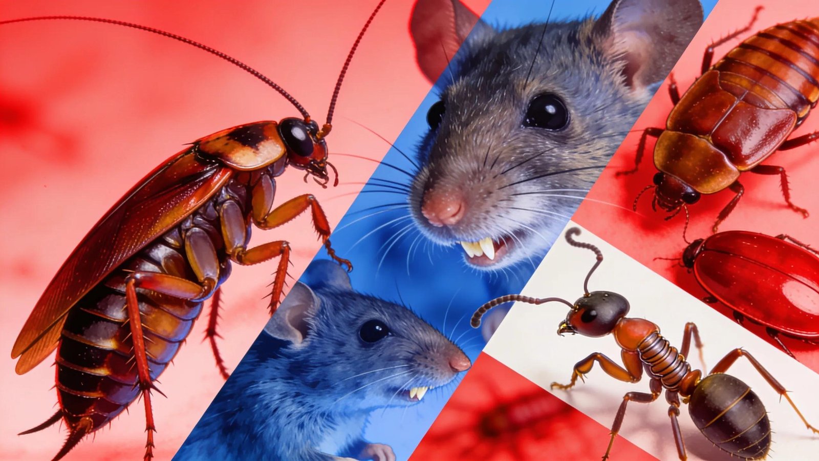 Collage of common household pests such as cockroaches, rodents, ants, and bed bugs, emphasising the need for quick pest identification