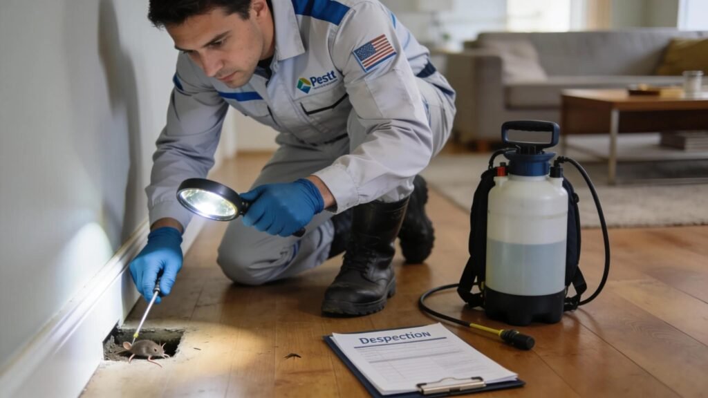Pest control technician inspecting a home for rodents and bed bugs