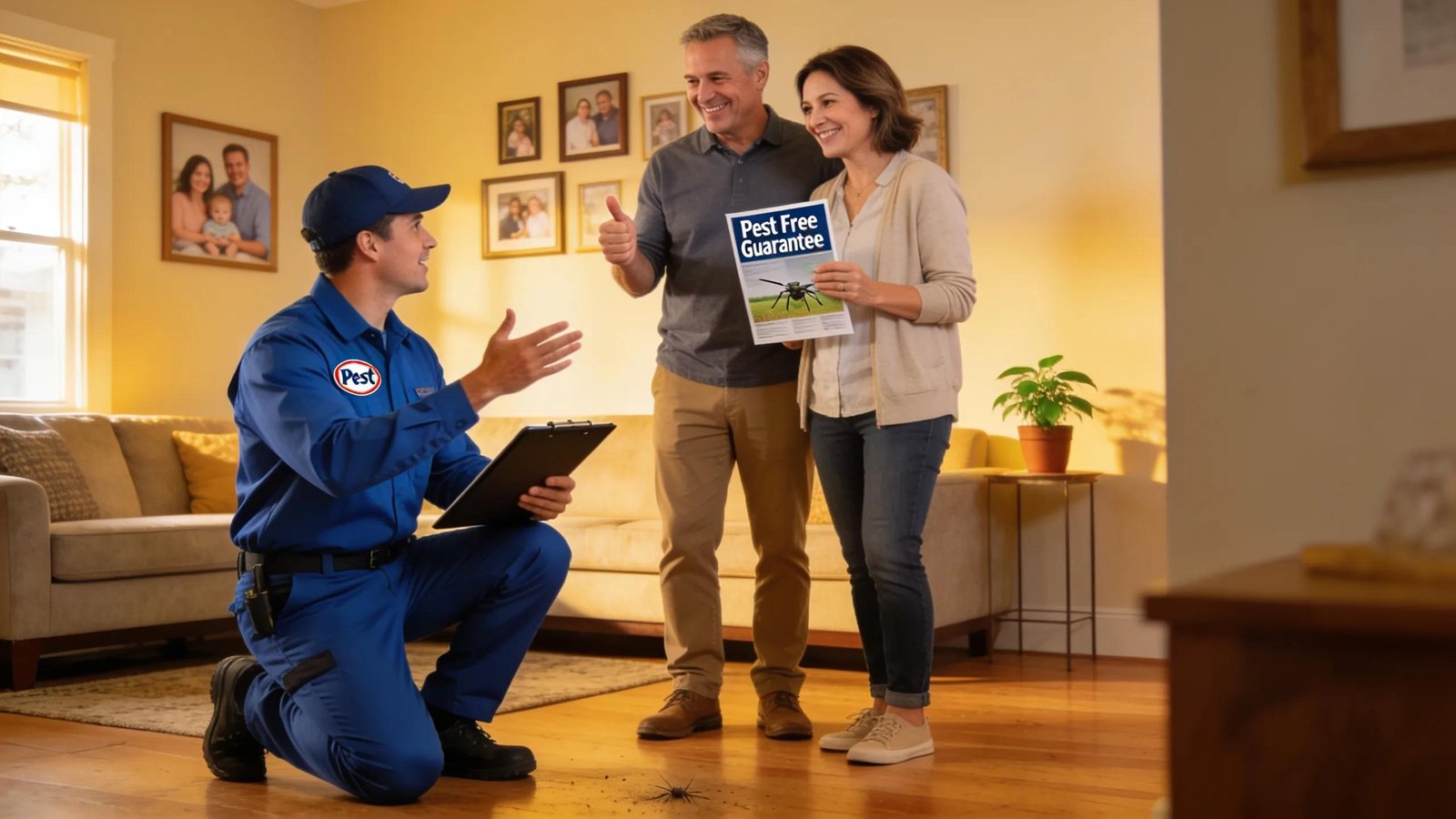 Satisfied customers communicating with a pest control technician in a home
