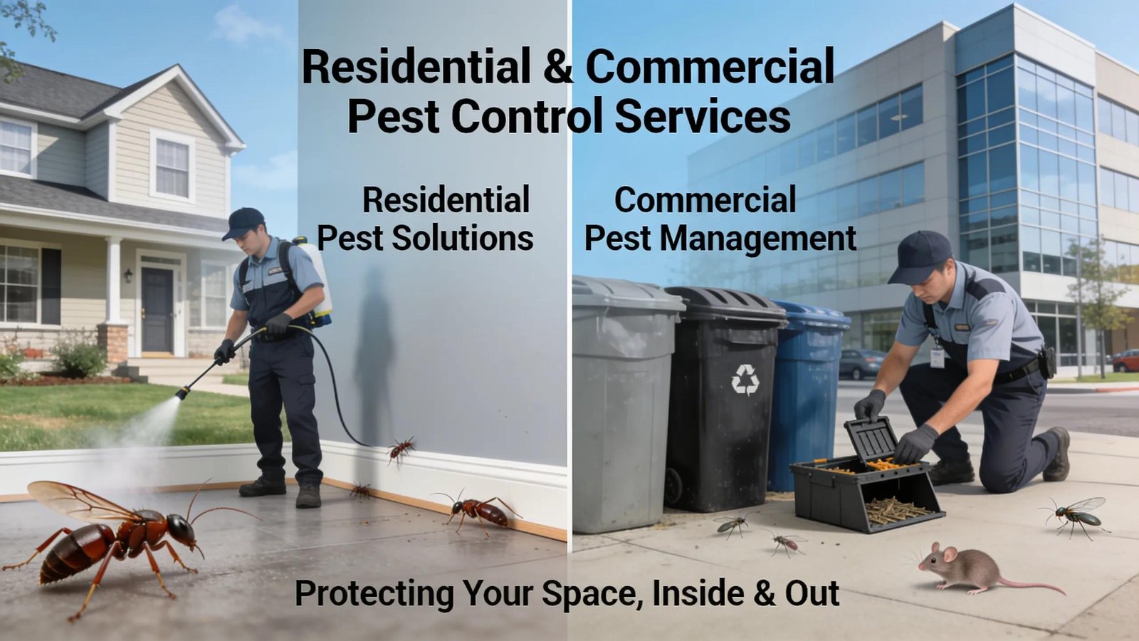 Dual image depicting residential and commercial pest control services offered