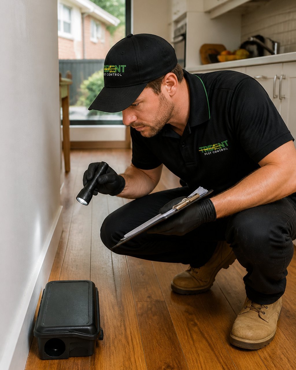 A licensed pest control technician in uniform and gloves inspecting the base of a kitchen wall in a suburban Australian home, holding a torch and clipboard, with a bait station visible nearby