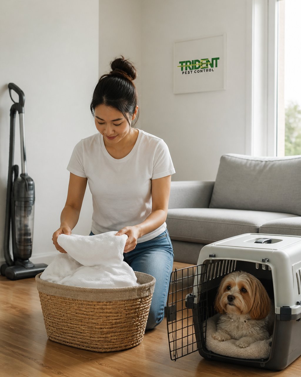 A tenant in a bright, mostly empty rental living room folding fresh linen into a laundry basket while a small dog watches from a pet carrier nearby, vacuum cleaner resting against the wall
