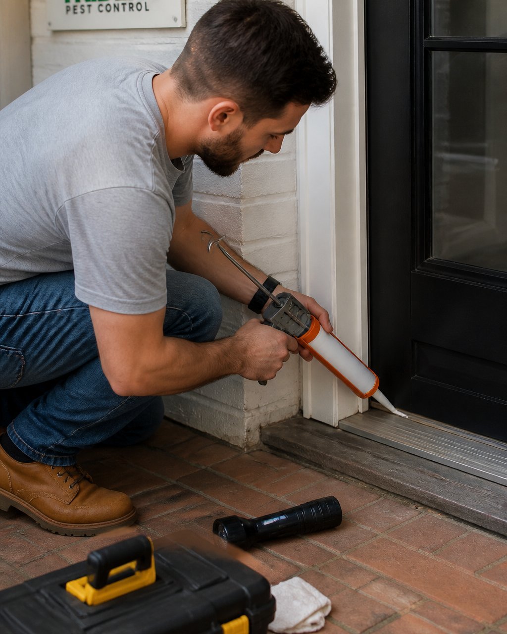 A homeowner in casual clothes kneeling at a back door, applying sealant along the base of the doorframe with a caulking gun, with a torch and toolbox beside them on the floor
